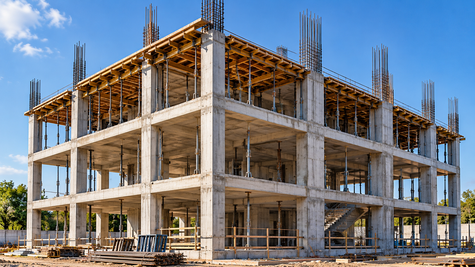 Modern concrete frame under construction